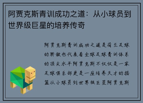 阿贾克斯青训成功之道：从小球员到世界级巨星的培养传奇