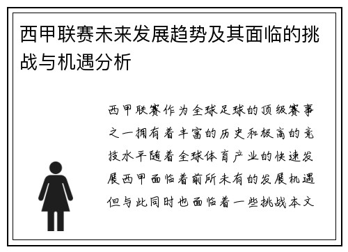 西甲联赛未来发展趋势及其面临的挑战与机遇分析